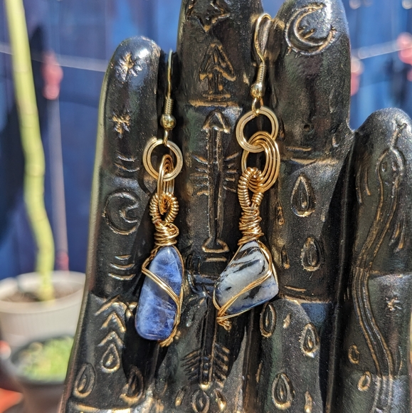 Artisan Jewelry - Sodalite Crystals Earrings Gold Hoops Wire Wrapped Handmade Crystals Gemstone